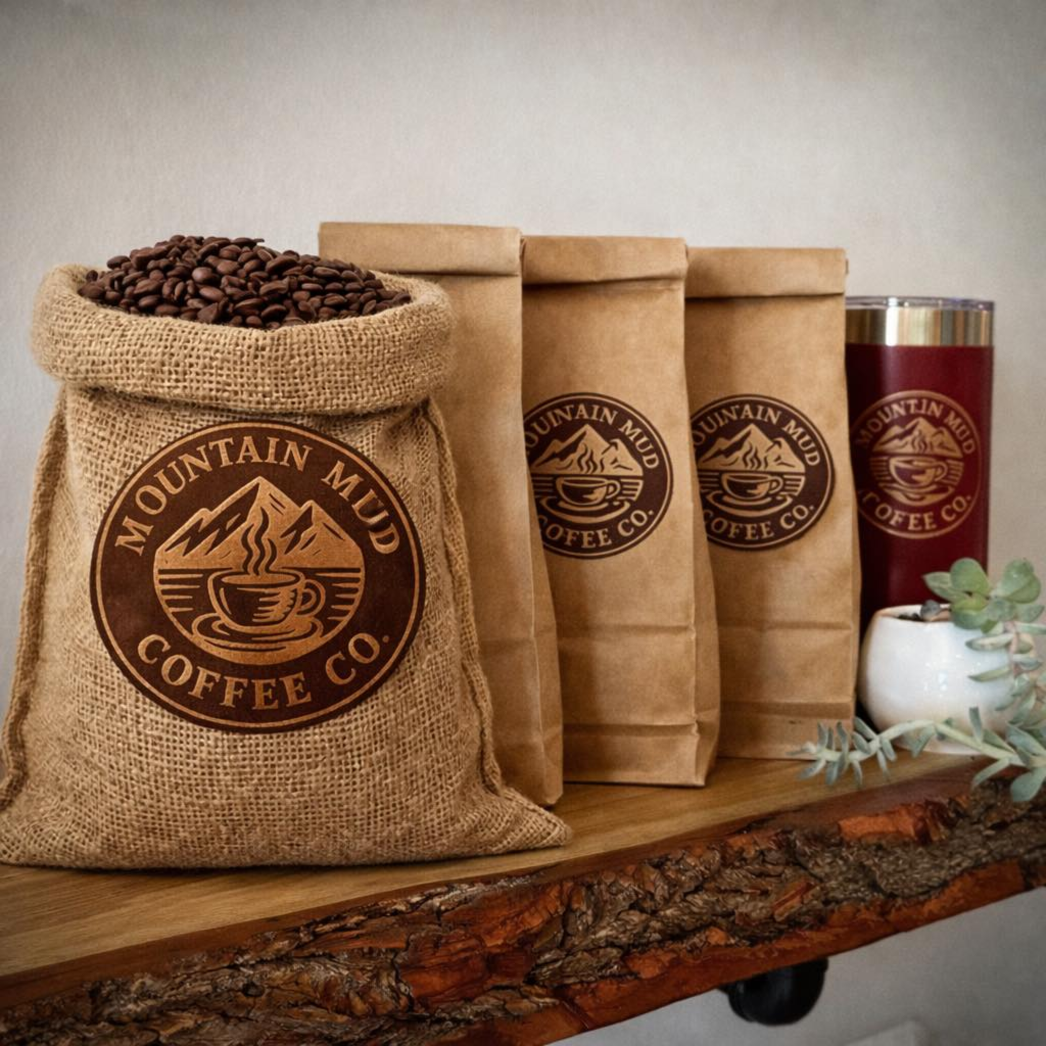 Mountain Mud coffee bags and merch